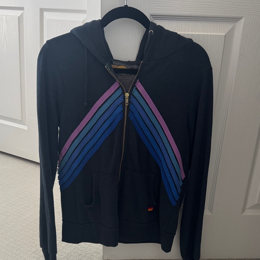 Aviator Nation Charcoal Grey Zip-Up Hoodie with Stripes Size Small
